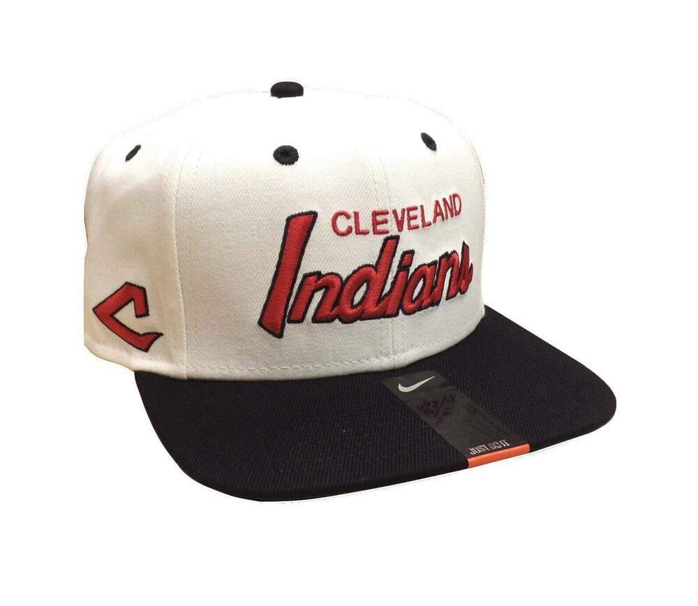 Nike Vintage Two Toned Script Cleveland Indians Snapback Hat / Cap (WHT)